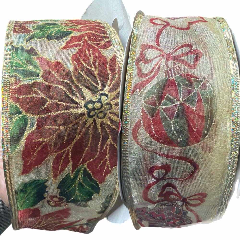 VTG Christmas Wired Ribbon 2.5in Gold Metallic Poinsettia Ornament 100 yds
